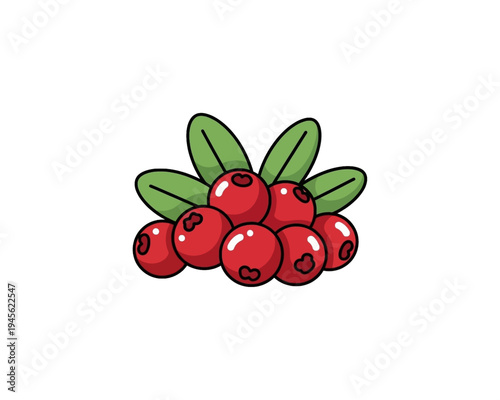 Cute vector illustration of a small cluster of bright red cranberries with vibrant green leaves attached