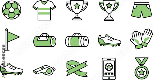 Soccer icon set with ball, jersey, trophies, shorts, cleats, gloves, whistle, smartphone, medal, and corner flag in green