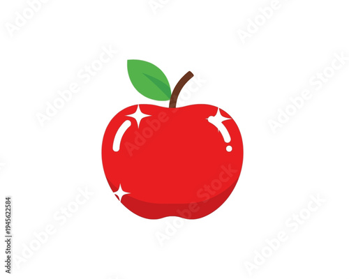 Shiny bright red apple with green leaf and brown stem vector graphic illustration design element