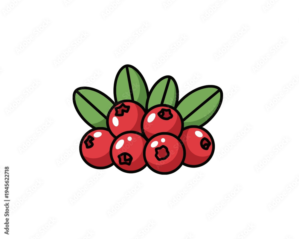 Obraz premium Simple vector illustration of bright red cranberries clustered together with vibrant green leaves for design elements.