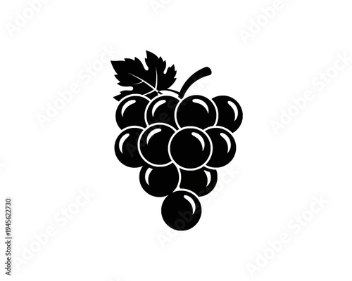 Simple black and white vector graphic illustration of a ripe cluster of grapes with a single leaf attached
