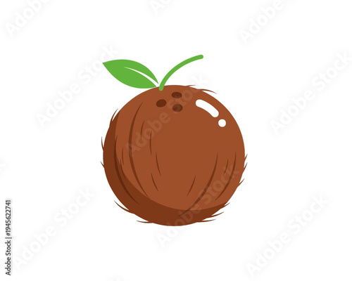 A vibrant tropical coconut fruit vector illustration featuring a natural brown textured husk and a fresh green leaf design element.