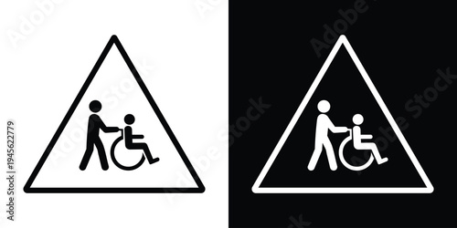 Wheelchair accessibility symbol placed inside a triangular warning style frame. Minimal vector icon indicating disability access, mobility assistance areas, accessibility awareness, and inclusive infr