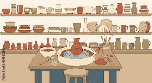 Pottery Wheel with Clay and Ceramic Tools.