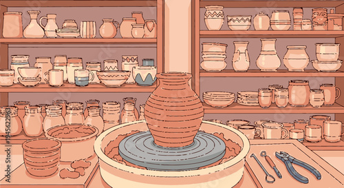 Potter shaping clay on wheel in studio.