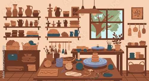 Pottery Workshop with Ceramic Pieces and Tools.