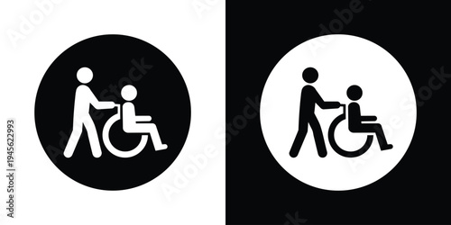 Solid round disability support icons. Patient in wheelchair with assistant inside a filled circle. Bold, flat vector style ideal for UI design, transportation signs, and nursing home labels.
