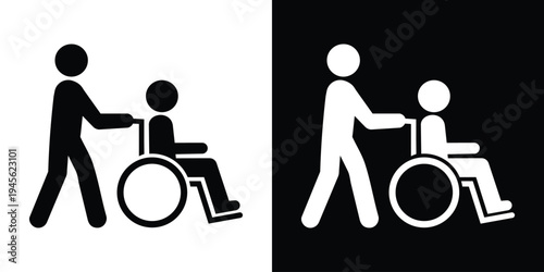 Minimalist wheelchair assistance icon set. Vector stick figures representing a caregiver pushing a patient. High-contrast black and white graphics for accessibility signage and medical apps.