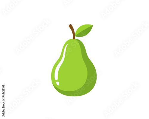 Vibrant green pear fruit vector illustration with a small brown stem and leaf element