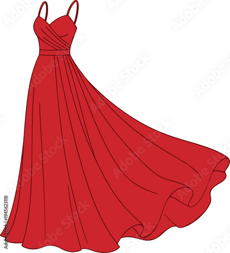Elegant red evening gown illustration with flowing skirt, pleated bodice, and thin straps, artwork concept for fashion, style, glamour, formal wear, and design projects
