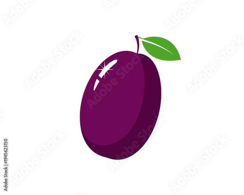 Vibrant vector illustration of a single glossy deep purple plum featuring a small green leaf attachment