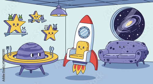 Child's Room with Whimsical Space-Themed Furniture and Decor