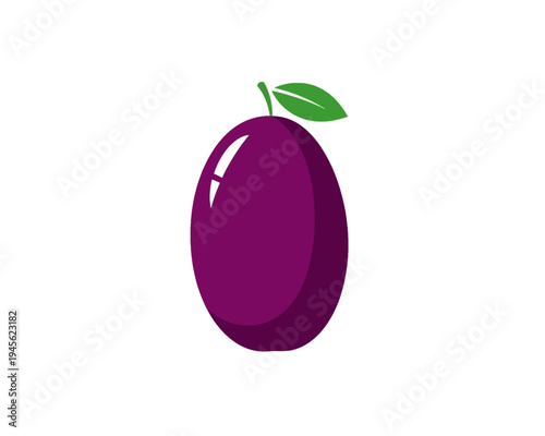 Simple purple plum fruit vector illustration graphic design element with bright green leaf top.
