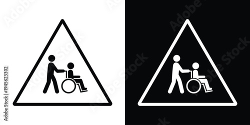 Triangular wheelchair warning and info icons. Caregiver pushing disabled person inside a triangle frame. Vector symbols for safety signage, cautionary notices, and accessibility alerts.