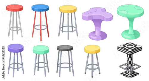 Colorful Modern Bar Stools and Tables Collection on White Background