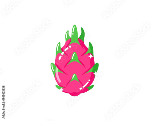 Vibrant vector illustration of a single exotic tropical dragon fruit, showcasing its bright pink skin and green scales, ideal for healthy eating designs.