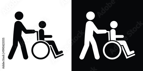 Minimalist wheelchair assistance icon set. Vector stick figures representing a caregiver pushing a patient. High-contrast black and white graphics for accessibility signage and medical apps.