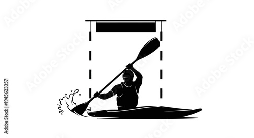 Silhouette of Kayaker Paddling Through Water in Black and White.