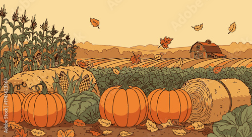 Pumpkins and Gourds in Harvest Scene.