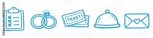 Hand-drawn blue wedding and event planning icons on a white background, including a clipboard checklist, rings, tickets, food cover, and love letter. Perfect for organizers and planners.