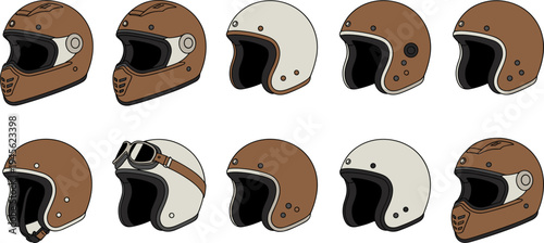 Motorcycle helmets collection, safety gear, full-face and open-face designs, protective riding equipment