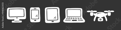 Set of white hand-drawn doodle icons representing modern technology: computer monitor, smartphone, tablet, laptop, and drone, isolated on a dark gray background.