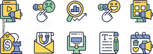 Illustrative icons representing various aspects of digital marketing and productivity tools