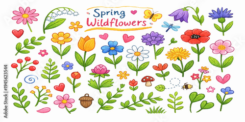 Cartoon spring floral background with vector flowers and butterflies featuring a seamless nature pattern of garden plants and summer leaves for a decorative blossom wallpaper illustration