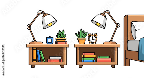 Cozy Bedside Tables with Lamps and Decorative Elements