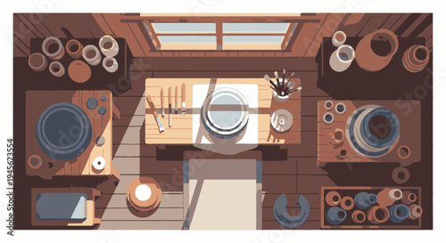 Kitchen Utensils and Dishes on Shelves.