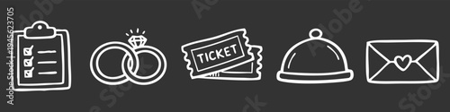 A set of hand-drawn white icons for wedding and event planning on a dark background, including a checklist, rings, tickets, food cloche, and love letter.