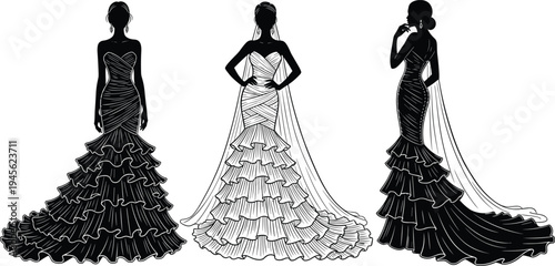 Elegant women in luxury evening gowns silhouette vector illustration set, fashionable long dress designs with ruffles and train isolated on white background