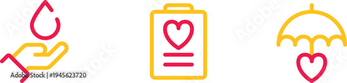 Healthcare icons representing medical care, blood donation, and heart protection