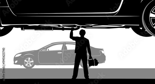 Silhouette of Mechanic Repairing Car Undercarriage with Tool.