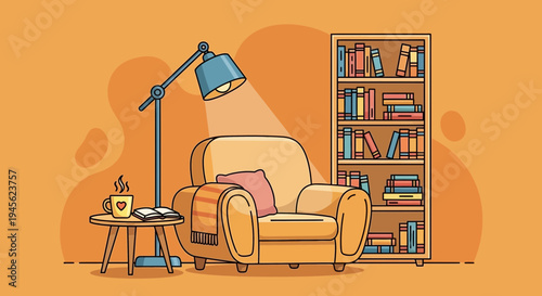 Cozy Home Reading Nook with Armchair, Lamp, and Bookshelf