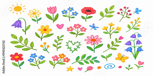 Set of colorful spring tulips and floral garden blossoms in a seamless nature pattern illustration vector for a decorative summer bouquet card collection
