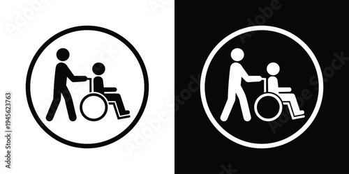 Circular wheelchair help symbol set. Thin outline circle enclosing a caregiver and disabled person icon. Professional vector design for hospital wayfinding and inclusive service markers.