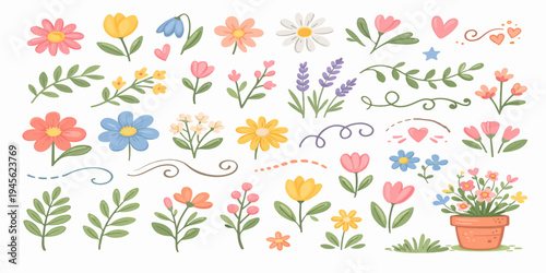 Set of spring tulips and floral nature elements featuring pink blossoms and butterflies in a beautiful garden vector illustration for a summer pattern design or decorative card