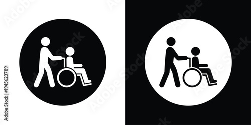Solid round disability support icons. Patient in wheelchair with assistant inside a filled circle. Bold, flat vector style ideal for UI design, transportation signs, and nursing home labels.