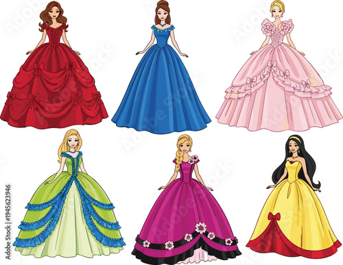 Fairy tale princess characters wearing colorful royal ball gowns, elegant fantasy women dress collection for storybook, fashion and cartoon illustration isolated on white background