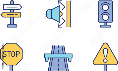 Common road signs and traffic control symbols illustration