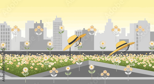 Cityscape with Daisy Field and Sun Hats