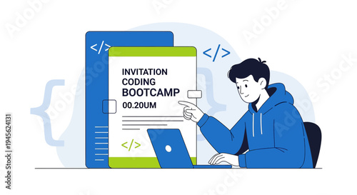 Coding Bootcamp Invitation with Programmer and Laptop - Vector Illustration
