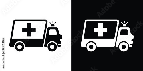 Ambulance emergency truck icon set. Vector silhouette of a medical response vehicle with siren. High-contrast graphics for first aid, hospital transport, and urgent care signage.
