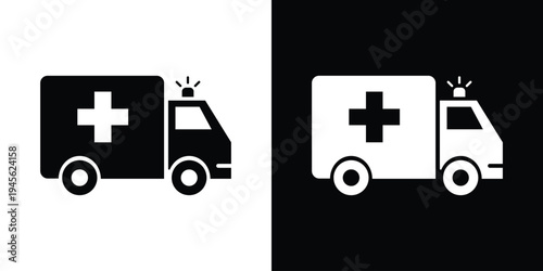 Ambulance emergency truck icon set. Vector silhouette of a medical response vehicle with siren. High-contrast graphics for first aid, hospital transport, and urgent care signage.