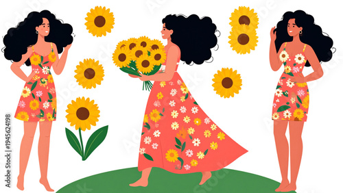 Young Woman with Curly Hair in Summer Floral Dress – Character Pose Vector Set