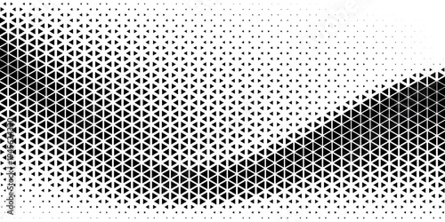 Triangular halftone background. Vector geometric technology abstract background. Halftone triangles retro pattern. Minimal 80s style dynamic tech geometric pattern.