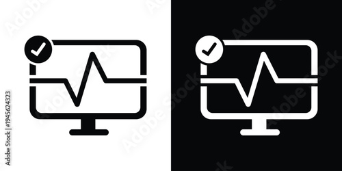 Telemedicine laptop icon with heartbeat EKG. Digital health monitoring symbol with a checkmark. Vector graphic for online medical consultation and remote patient diagnostic tools.
