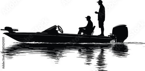 Fishing boat silhouette with two fishermen standing and sitting on motorboat over calm water reflection, outdoor angling activity vector illustration isolated on white background