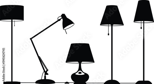Floor and table lamp silhouettes collection with modern home lighting fixtures, decorative interior illumination equipment vector illustration set isolated on white background